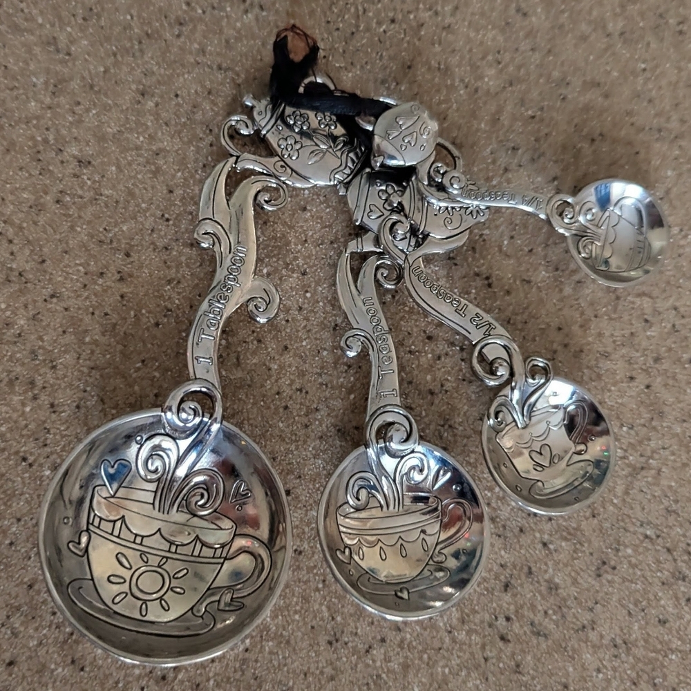 Measuring Spoons-Ganz, Coffee/Tea Cup & Flowers Design, Ornate Metal 4 Spoon Set